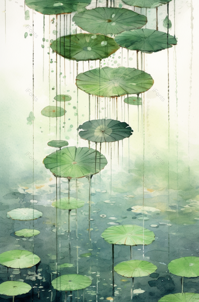 户外夏天夏至雨后晴天池塘水面荷叶绿色自然清新插画,插画/手绘图,插画/手绘图库,插画/手绘图下载,插画/手绘